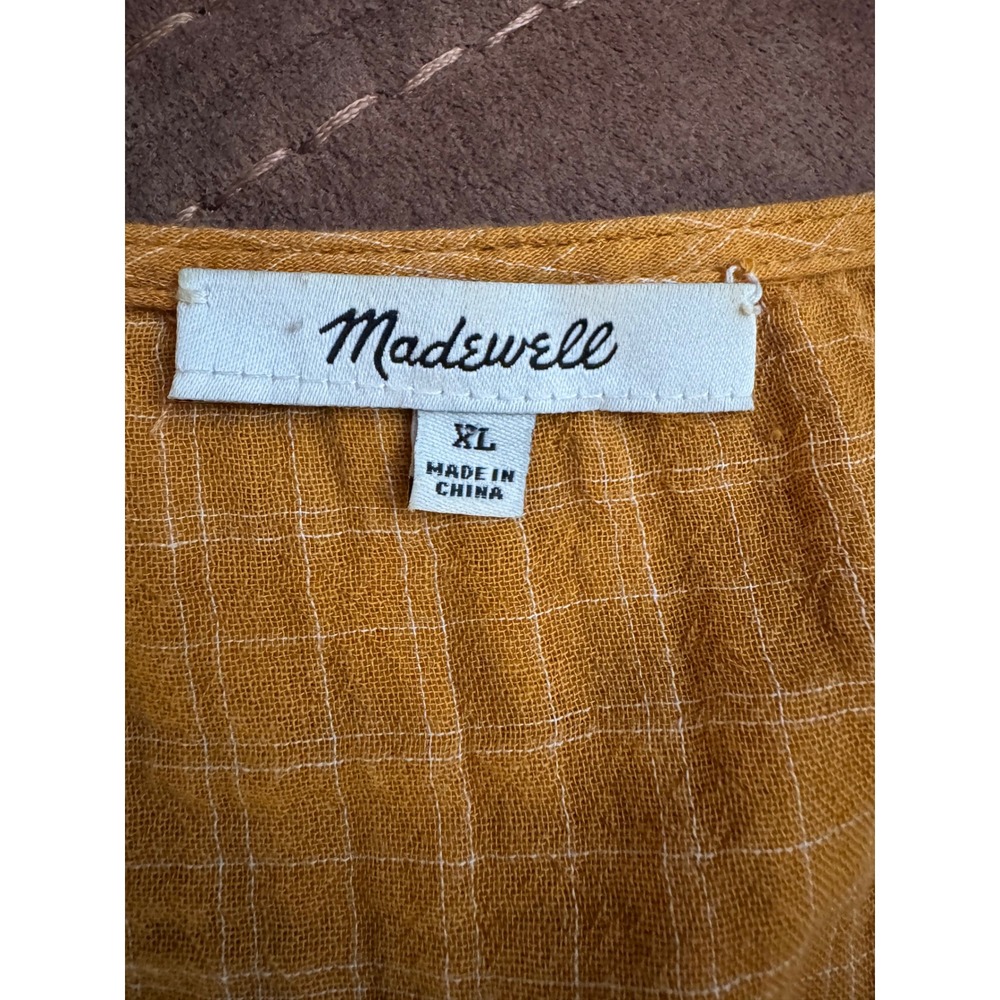 Madewell Mustard Yellow Windowpane Plaid Square Neck Peplum Gauze Top Size XL - Picture 3 of 8